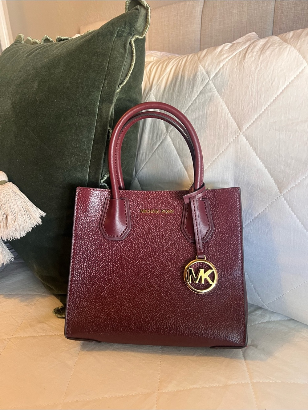 Michael Kors Wine Leather Satchel with Gold MK Charm